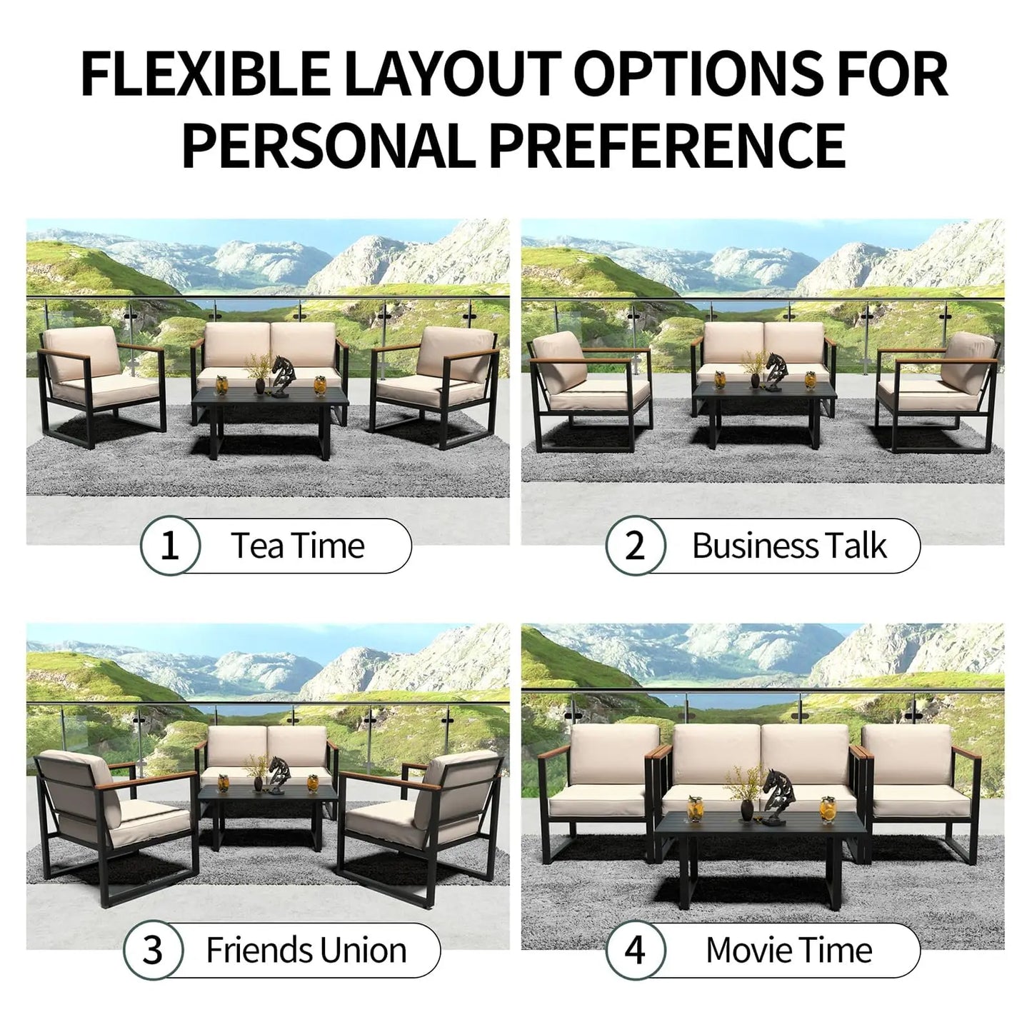 4-Piece Outdoor Patio Set, Metal, Sofa with Washable Cushions, 2 Chairs & Coffee Table