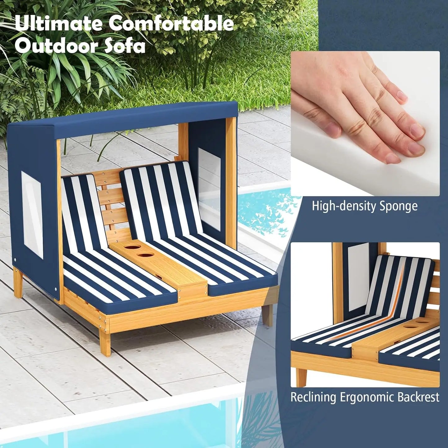 Kids Chaise Lounge Chair Outdoor, Wood Double Pool Lounger Chairs w/Canopy, Cup Holder.