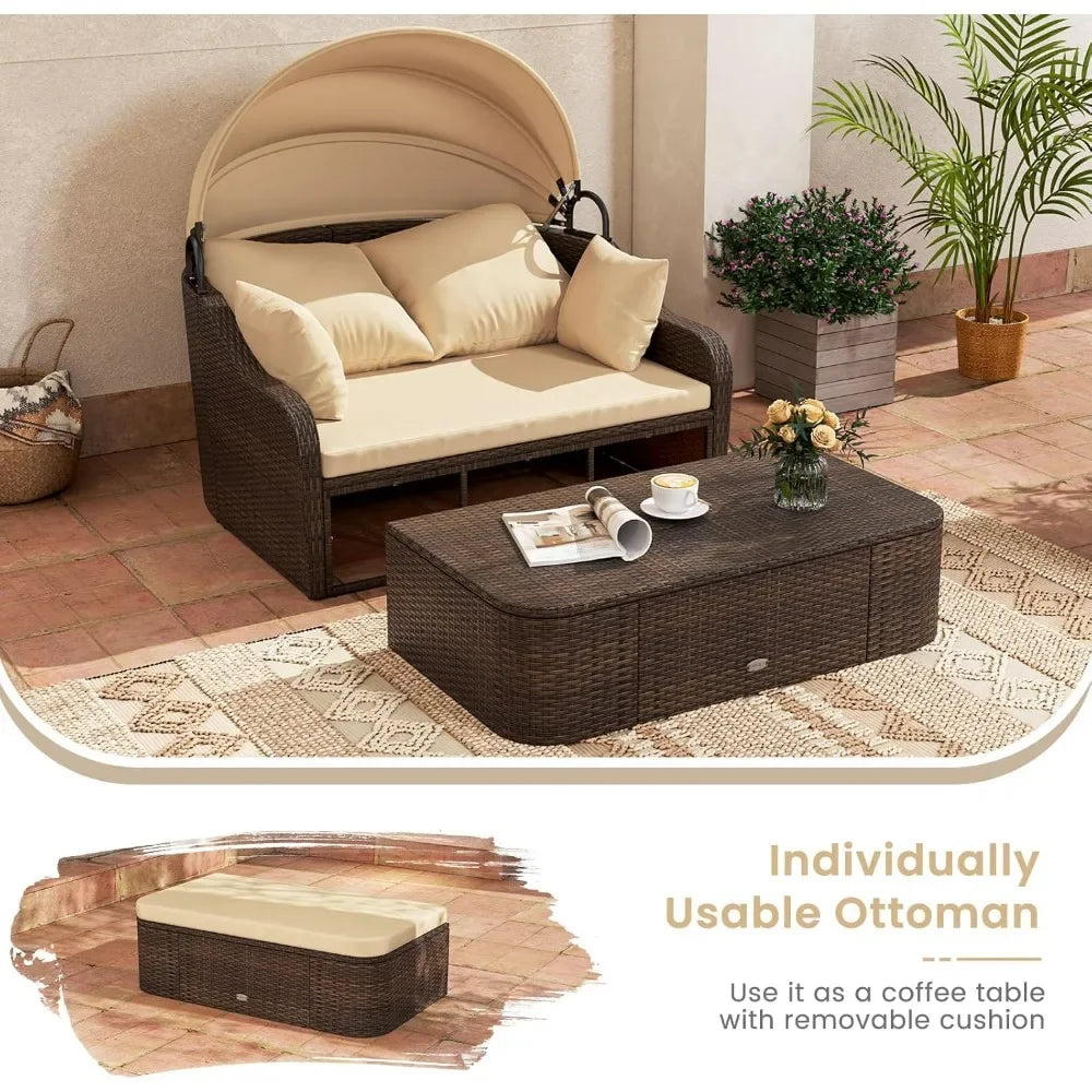 Outdoor Daybed with Retractable Canopy - PE Rattan Double Chaise Lounge, Pillows- Patio Furniture Set.
