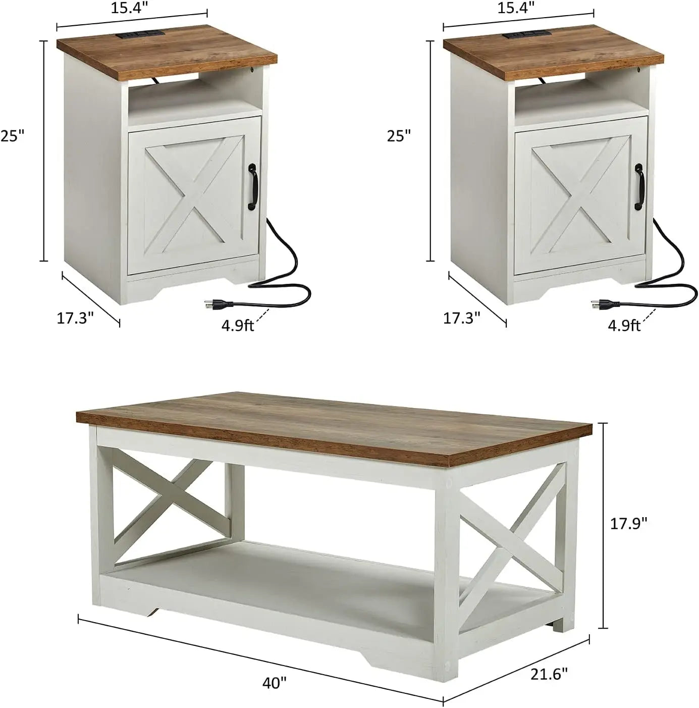 3-Piece Farmhouse Living Room Table Set with Coffee Table, 2 End Tables, Charging Station & USB Ports.