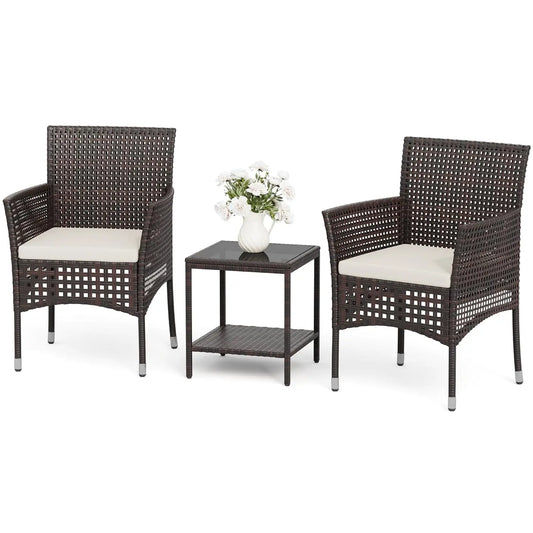 Outdoor 3 Piece Patio Furniture Set Wicker Chairs with Glass-top Coffee Table for Balcony, and Porch.
