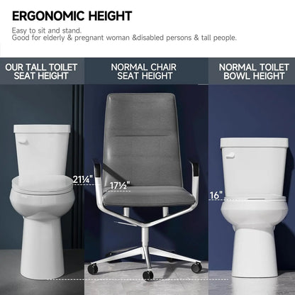 Elongated Extra Tall Toilet 21 Inch for Seniors 1.28 GPF Tornado Flush.