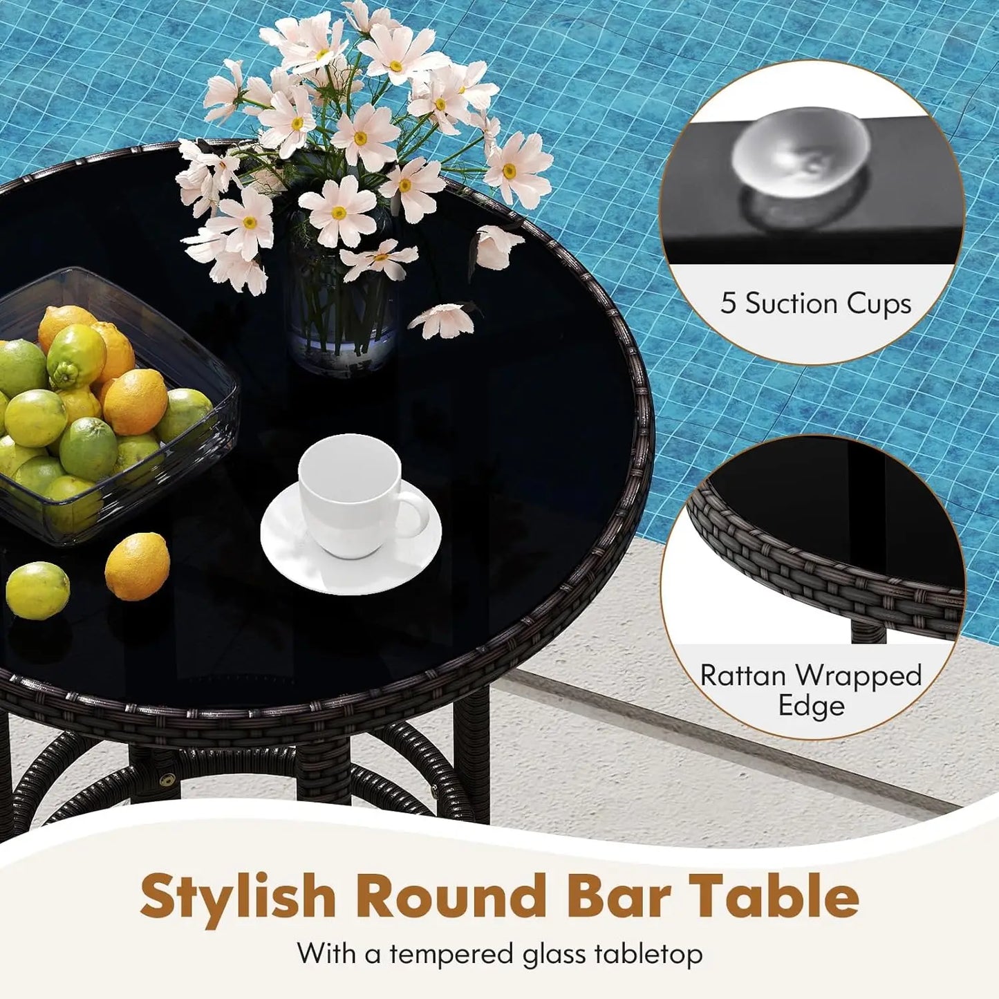 3-Piece Outdoor Bar Set - Patio Wicker Rattan Bar Height Barstools w/Cushions, Round Glass Top Table.