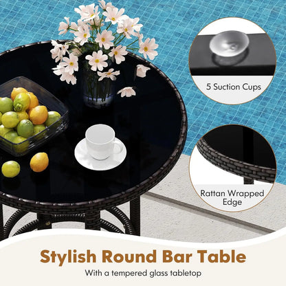 3-Piece Outdoor Bar Set - Patio Wicker Rattan Bar Height Barstools w/Cushions, Round Glass Top Table.