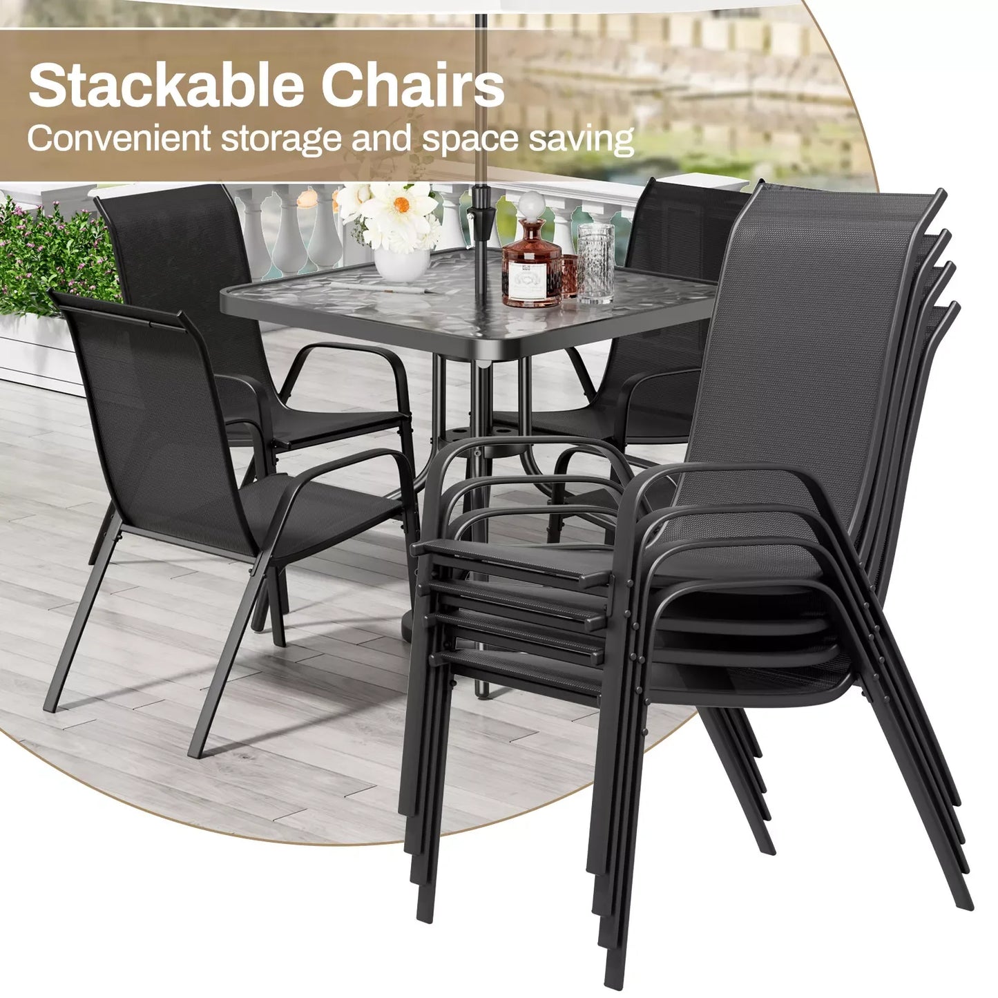 Patio Dining Set 5 Pieces, All Weather Outdoor Furniture W/ 30"x30" Table and 4 Stackable Chairs.