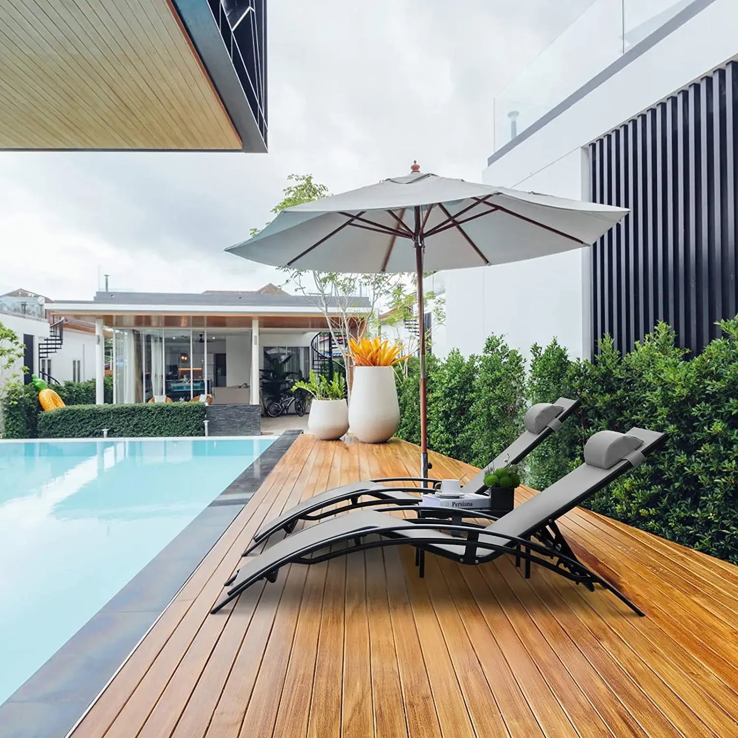 Aluminum Lounge Chair for Outside with 5 Adjustable Positions, Table 3Pcs Chaise Outdoor for Pool.