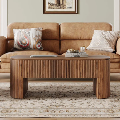 47-Inch Oval Lift Top Coffee Table with Storage Shelf for Living Room, Rustic Lift Up Tabletop.