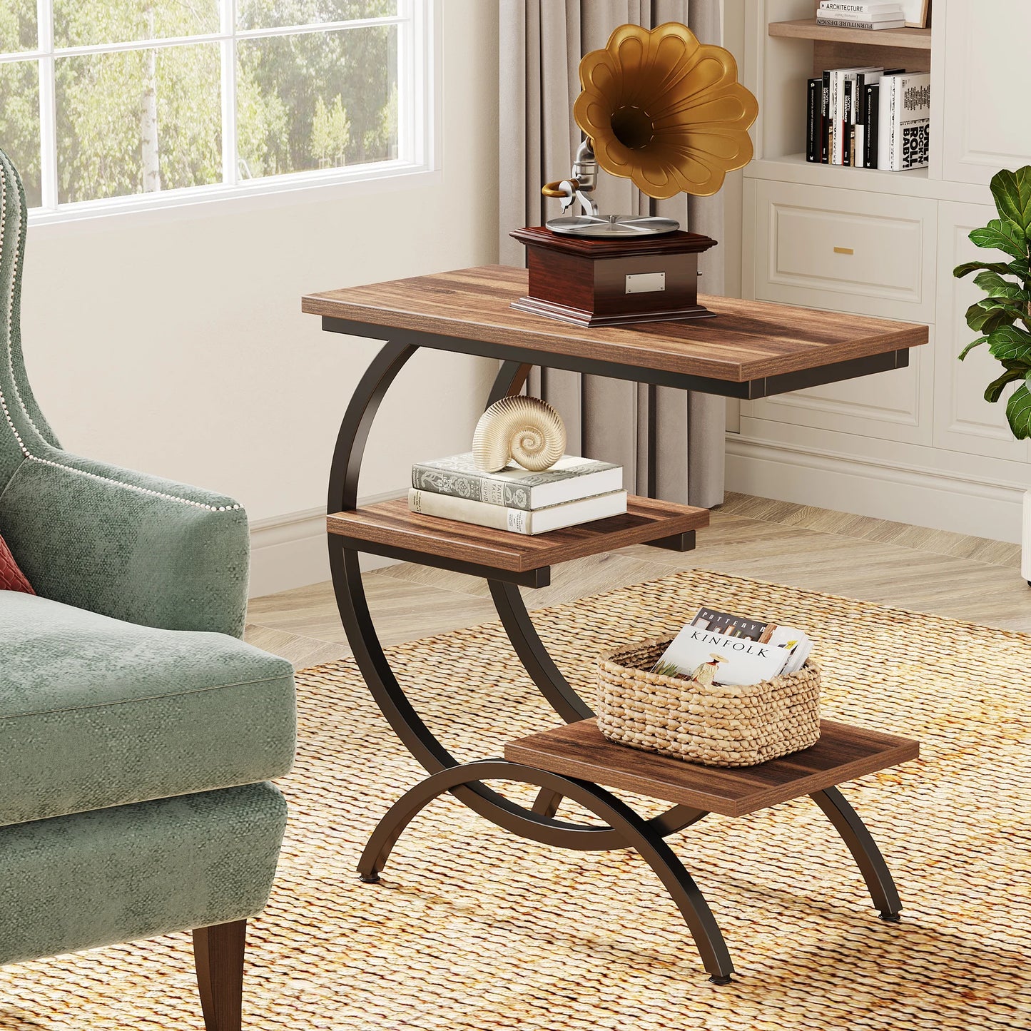 Tribesigns C-Shaped End Table, Industrial 3-Tier Small Table, Wood Bedside Table, with Storage Shelves.