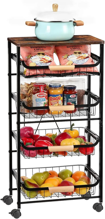 5-Tier Rolling Kitchen Cart with Wooden Top, Metal Mesh Baskets for Storage & Wheels.