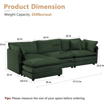 Luxury Sofa Set with Removable Ottoman, 3-Piece Living Room Furniture, Green Velvet.