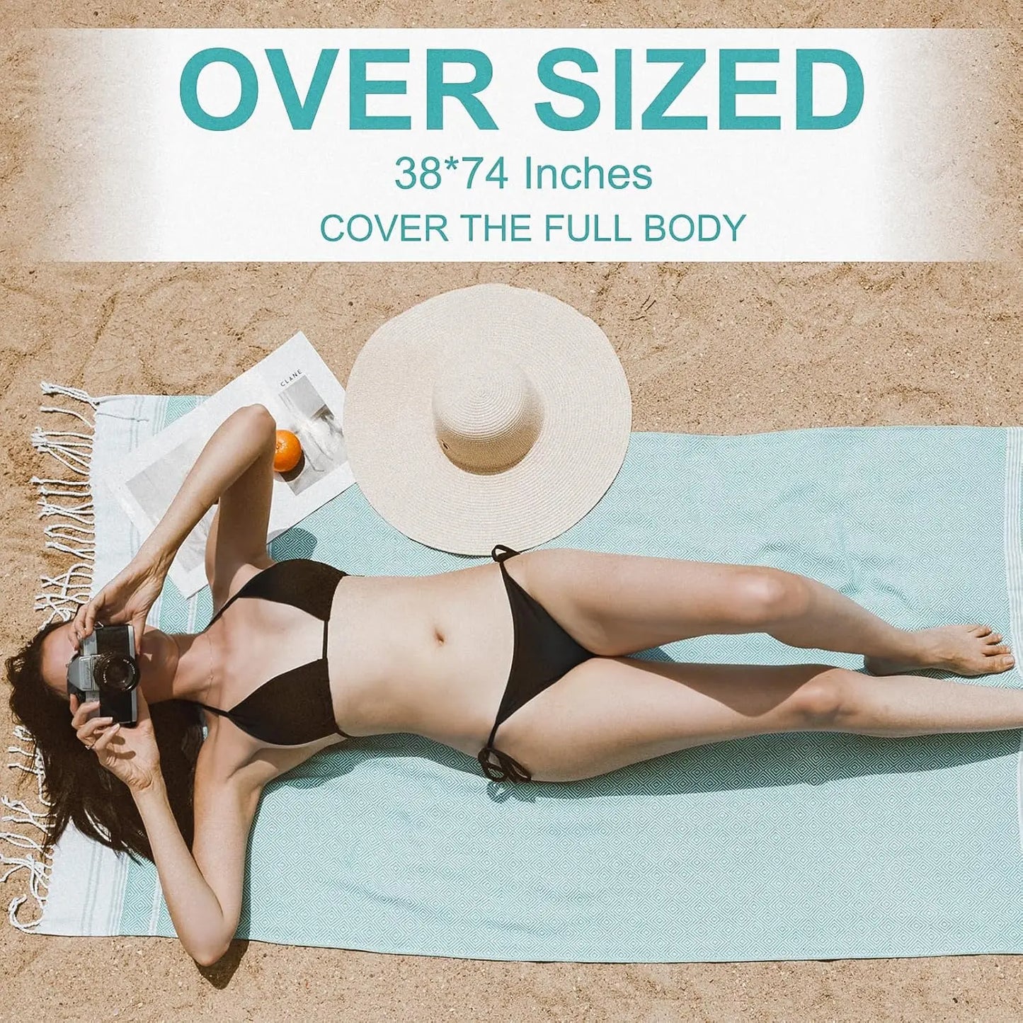 6-Pack Oversized Cotton Turkish Beach Towels, 74x38 Inches, Quick-Dry & Sand-Free.