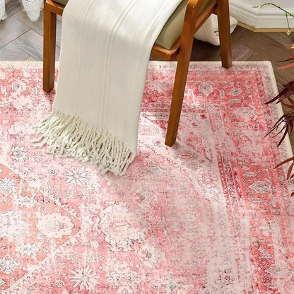 3x5 Feet Washable Bohemian Pink Area Rug for Girls' Bedroom, Cute Non-Slip Carpet.