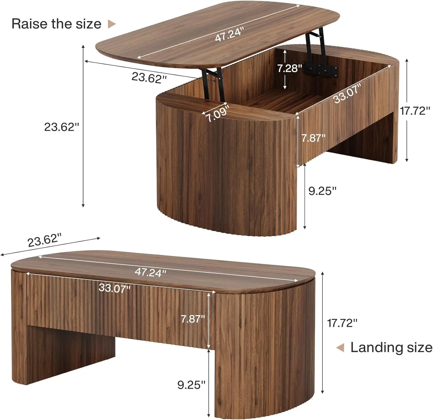 47-Inch Oval Lift Top Coffee Table with Storage Shelf for Living Room, Rustic Lift Up Tabletop.
