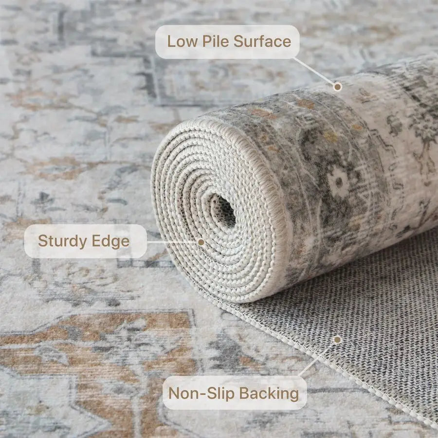 5X7 Area Rugs for Living Room, Machine Washable Non Slip Vintage Rugs, Low Pile Lightweight.