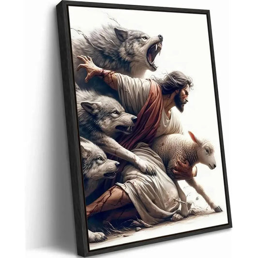 Black Framed Jesus and Lamb Canvas Wall Art Jesus Saves the Lost Sheep Christian Picture Wall Decor.