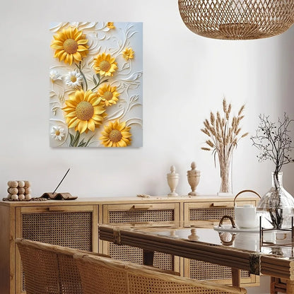 3D relief sunflower canvas art with wood frame, vivid yellow wall printing- living room decor.