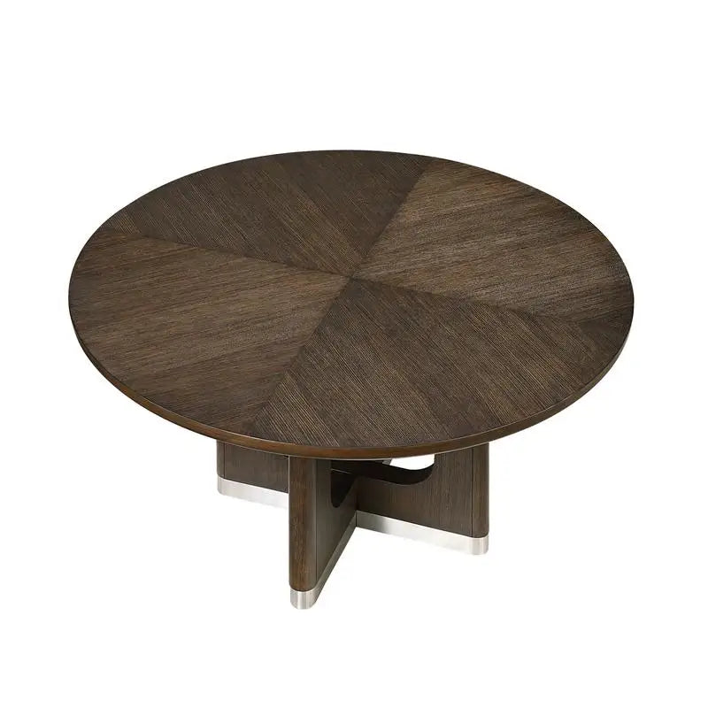Modern Brown Finish 7-Piece Dining Set with Round Table and 6 Beige Upholstered Side Chairs.