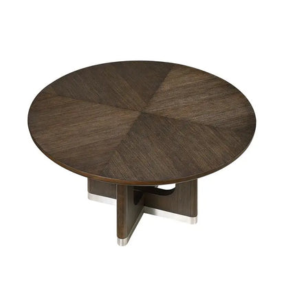 Modern Brown Finish 7-Piece Dining Set with Round Table and 6 Beige Upholstered Side Chairs.