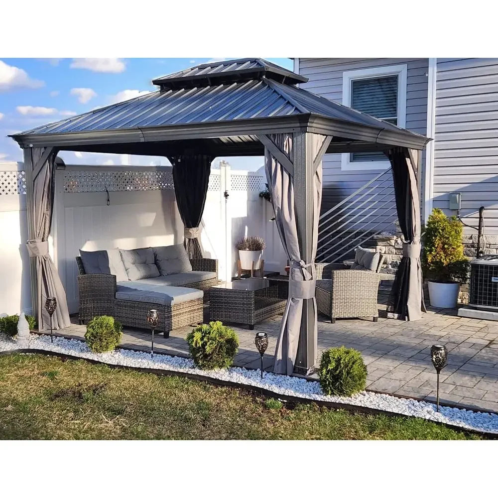 10' x 12' Steel Double Roof Outdoor Pavilion with Curtains and Netting for Backyard.