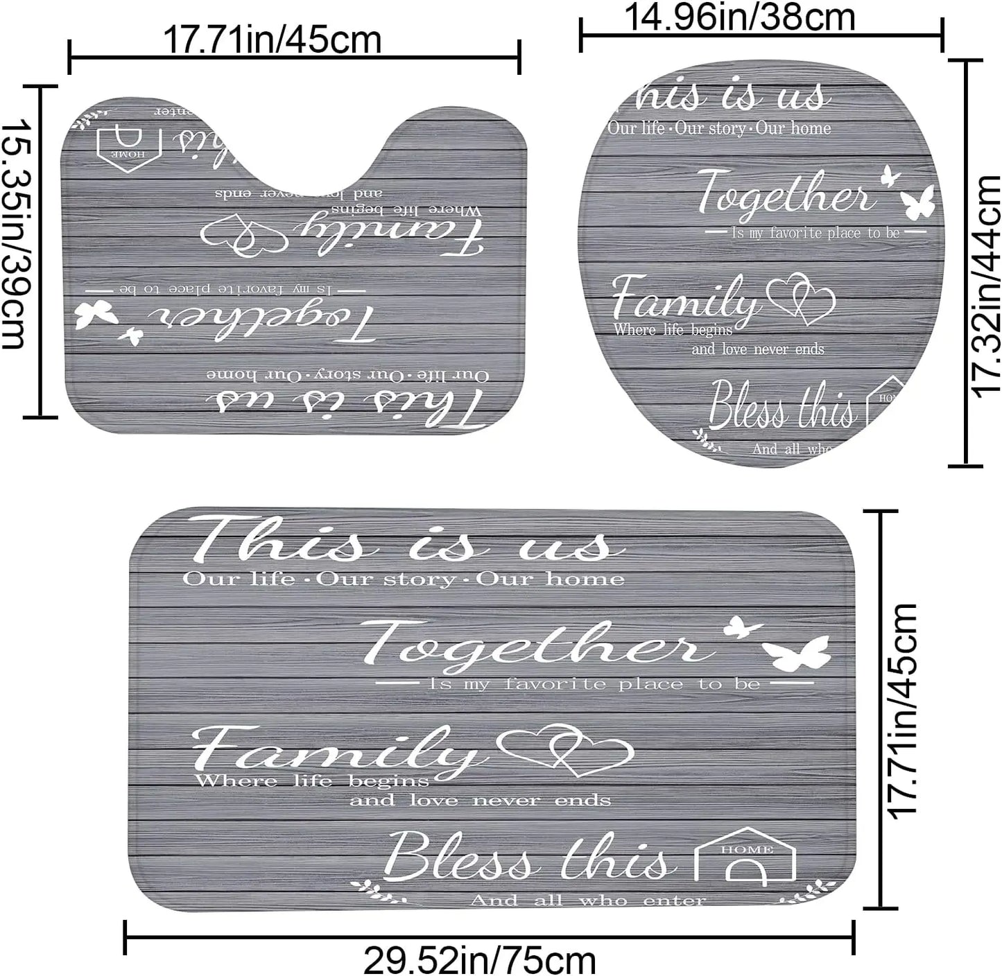 4-Piece Grey Bathroom Set with Waterproof Shower Curtain, Non-Slip Rugs, Toilet Cover & Mat for Home Decor