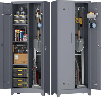 Steel Locking Cabinet with Hanging Rod, Storage with Doors and Hooks, Tall Broom Tool Cabinets