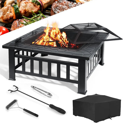Fire Basket Garden Fireplace Including Grill, Waterproof Cover for Heating/Grilling Metal Brazier.