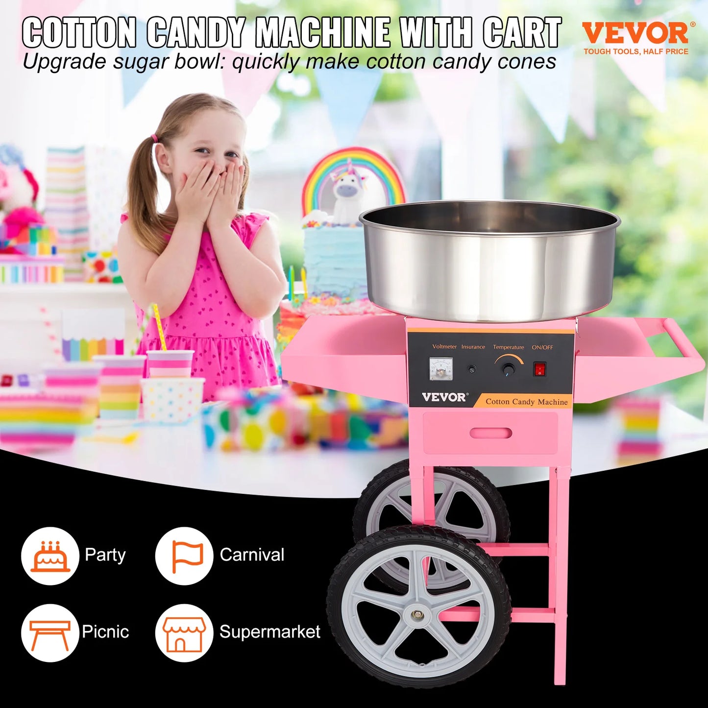Electric Cotton Candy Machine with Cart 1000W Commercial, Stainless Steel Bowl, Sugar Scoop & Drawer