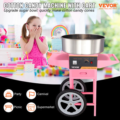Electric Cotton Candy Machine with Cart 1000W Commercial, Stainless Steel Bowl, Sugar Scoop & Drawer