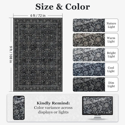 Vintage Charcoal Black Area Rug 6x9, Washable Non-Slip Low Pile Carpet for Living Room Bedroom.