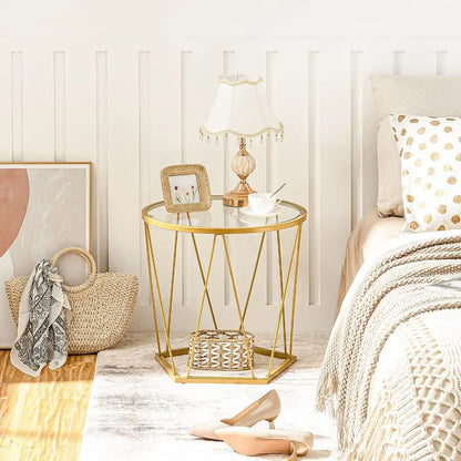 Small Coffee Table Set of 2, Round End Table with Metal Frame, Glass Tabletop, for Living Room, Bedroom.