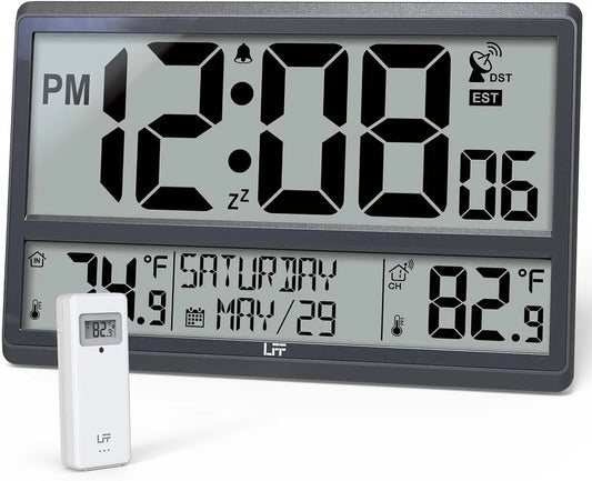 Atomic Wall Clock with Wireless Outdoor Temperature Sensor, Large Digital Display, Auto-Sync Time & Calendar.
