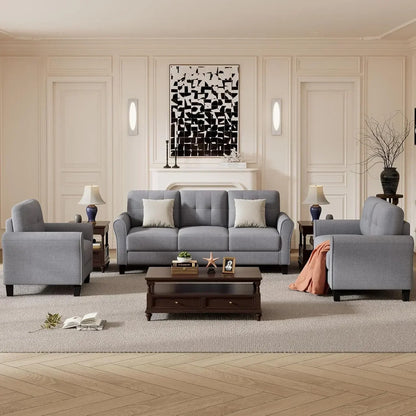 [Best Seller!]3-Piece Living Room Sectional Sofa Set, Modern Style Button Tufted Linen Loveseat & Sofa.