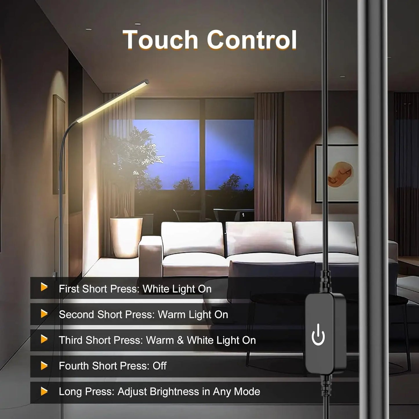 Touch Control Adjustable LED Floor Lamp with Stepless Dimming for Living Room, & Office