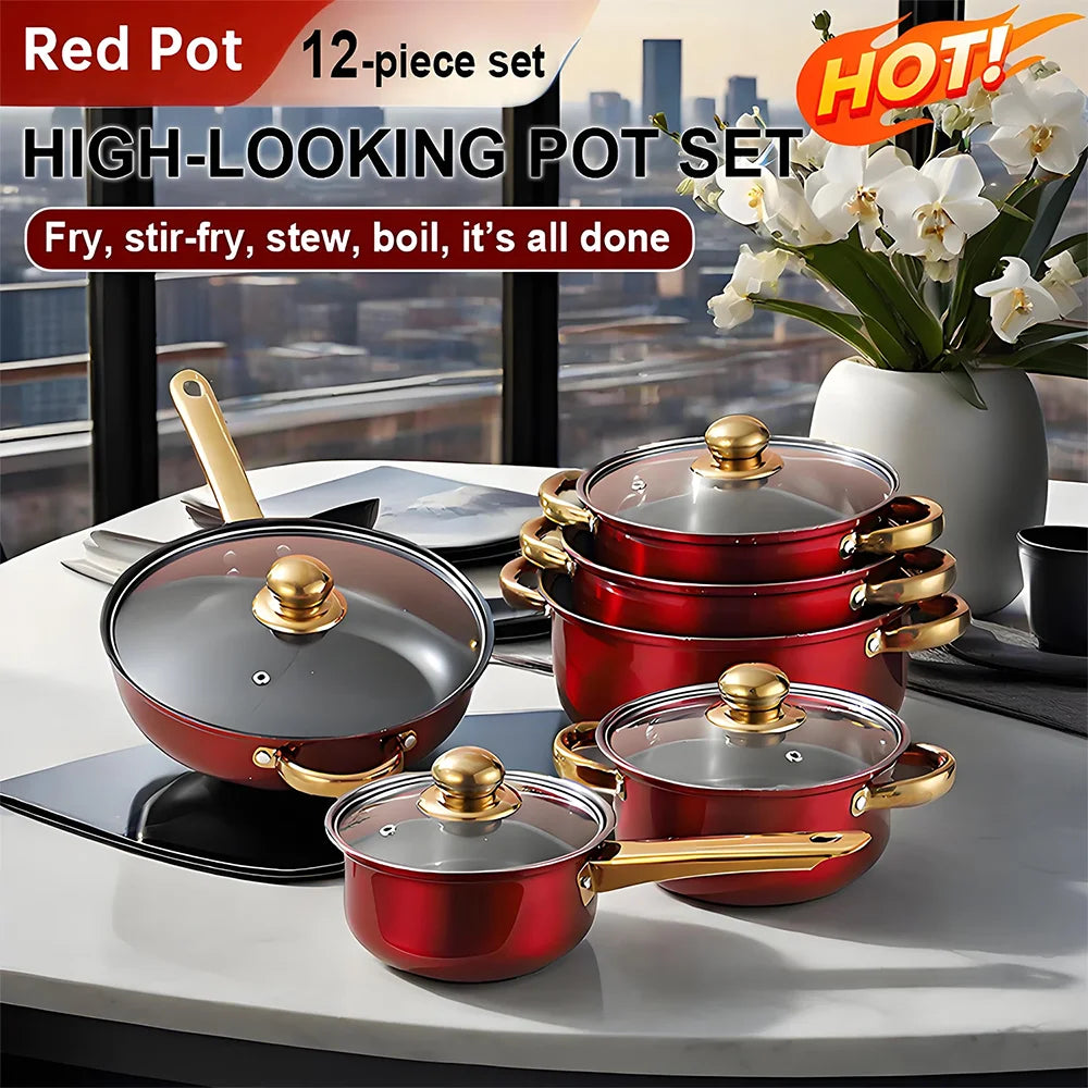 12Pcs/Set Stainless Steel Red Cookware Set Non-Stick Pans.