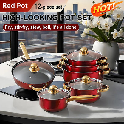 12Pcs/Set Stainless Steel Red Cookware Set Non-Stick Pans.