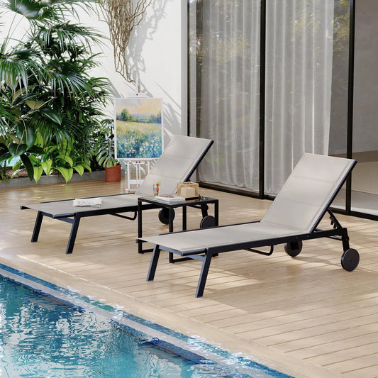 Chaise Lounge Chairs with Side Table, Set of 3 Outdoor with Wheels, 5-Level Backrest.
