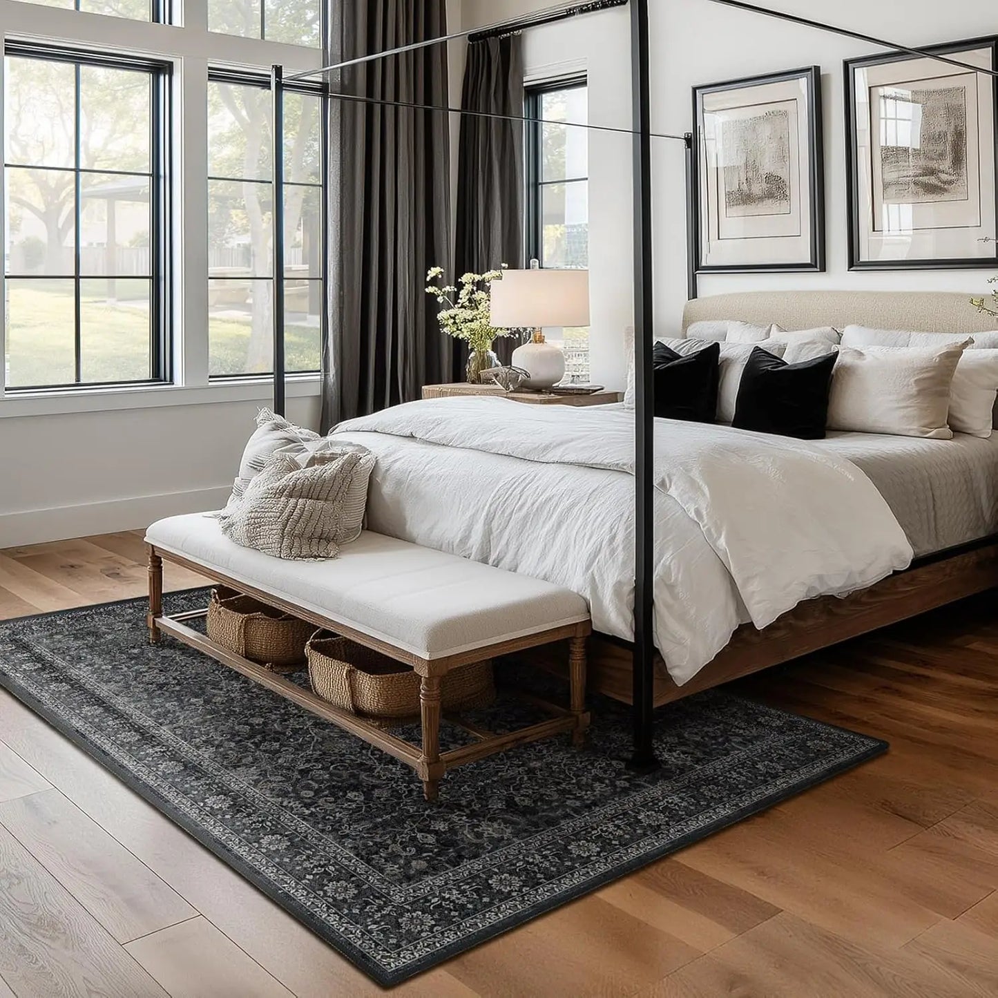 Vintage Charcoal Black Area Rug 6x9, Washable Non-Slip Low Pile Carpet for Living Room Bedroom.
