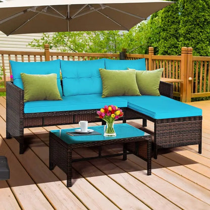 3-Piece Outdoor Rattan Sofa Set with Lounge Chaise and Loveseat Table for Patio.