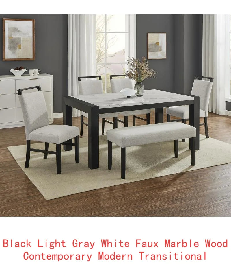 Contemporary 7pc Dining Set with White Faux Marble Rectangular Table and Full Back Upholstered Chairs.