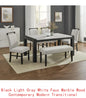 Contemporary 7pc Dining Set with White Faux Marble Rectangular Table and Full Back Upholstered Chairs.