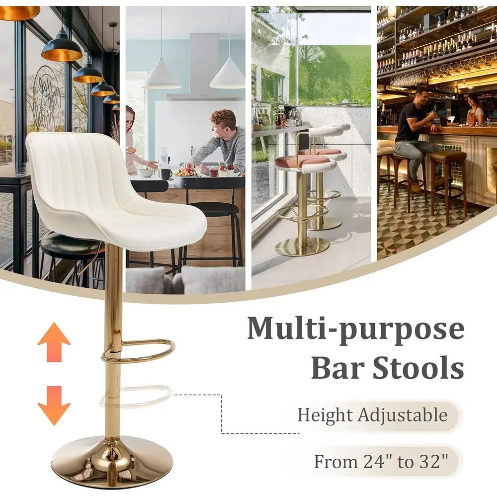 Set of 6 Modern Velvet Swivel Bar Stools, Adjustable Counter Height with Chrome Base, Golden Legs.
