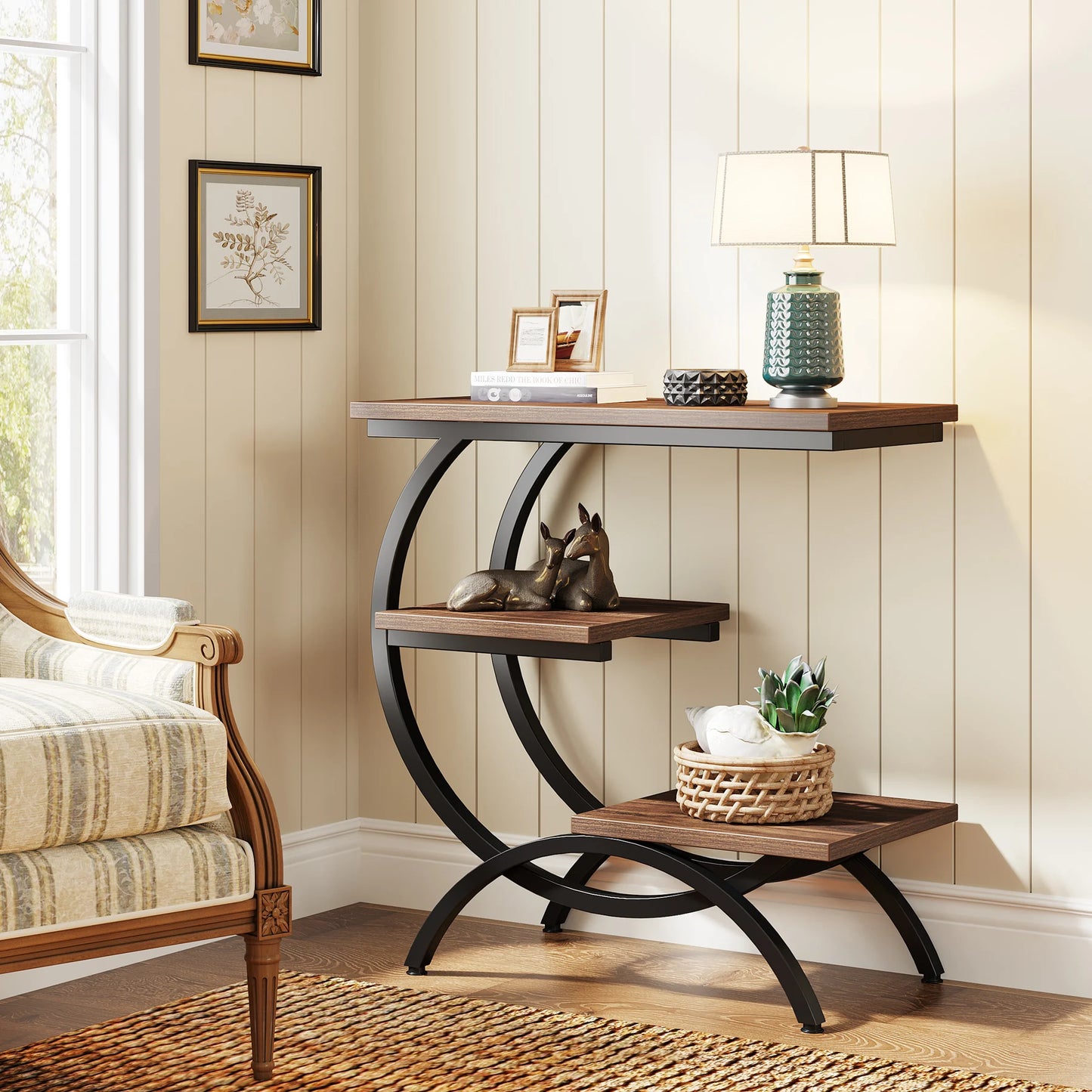 Tribesigns C-Shaped End Table, Industrial 3-Tier Small Table, Wood Bedside Table, with Storage Shelves.