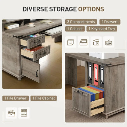 L-Shaped Corner Office Computer Desk with Charging Station, Monitor Stand, Drawers & Storage Cabinet.