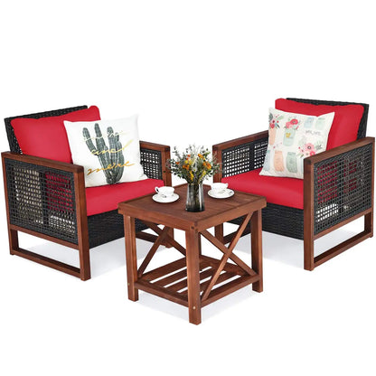3 Pieces Patio Wicker Furniture Set, Rattan Outdoor Sofa Set w/Washable Cushion & Acacia Wood Coffee Table.
