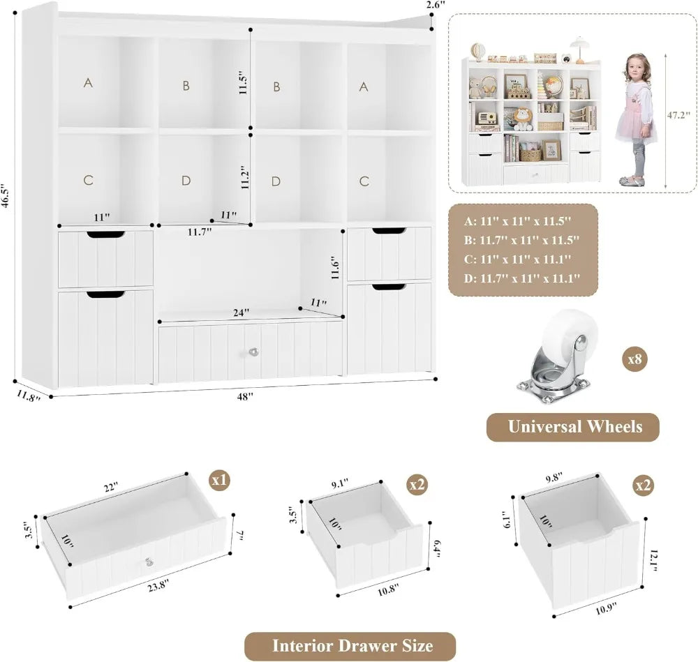 48"W Kids Toy Storage Organizer with Bins, Bookshelf & Drawers for Playroom - White