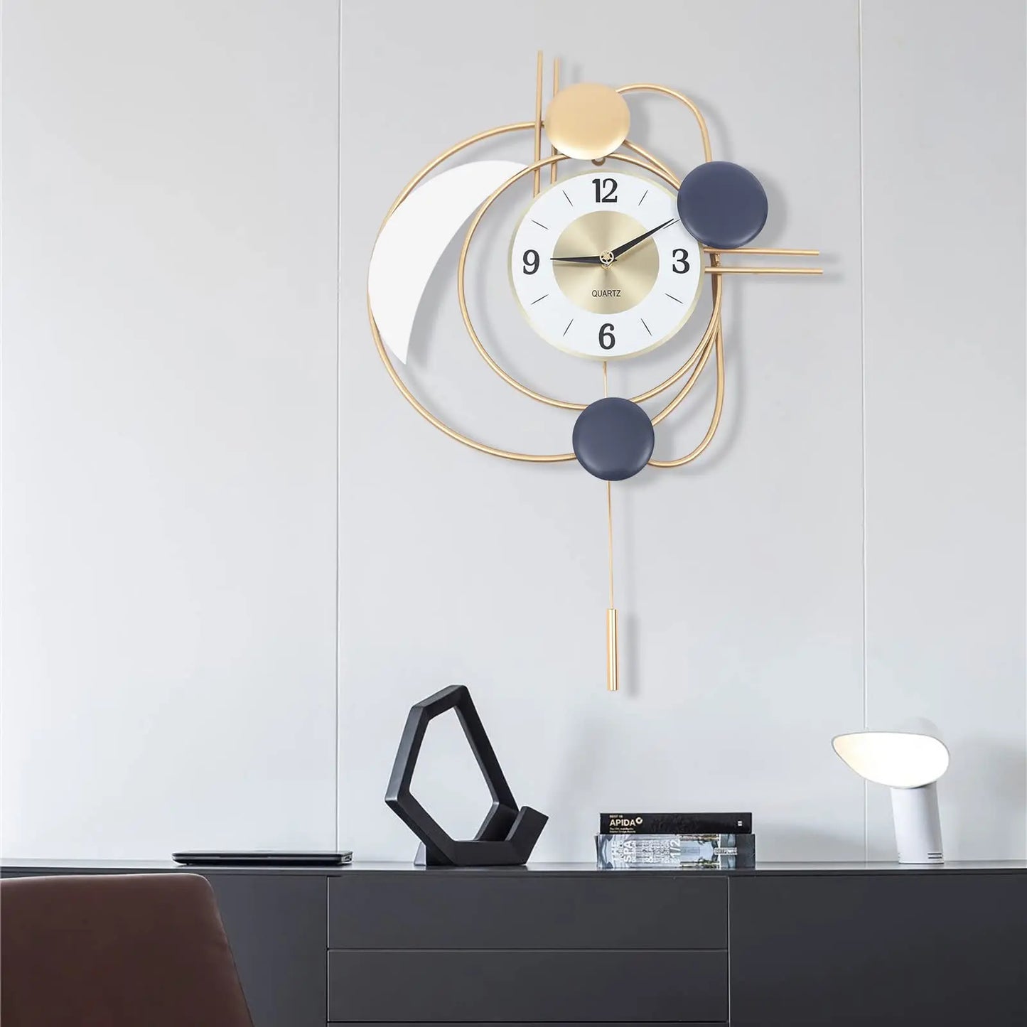 Large Modern Metal Wall Clocks Luxury Silent Hanging Clock with Swing Pendulum, Wall Art Decor.