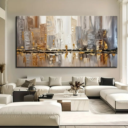 Large modern abstract oil painting, pine frame - elegant Art Deco - neutral tones- gold accents