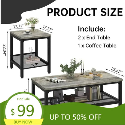 Industrial Style 3-Piece Coffee Table Set: Modern Living Room Furniture with Square Side Tables