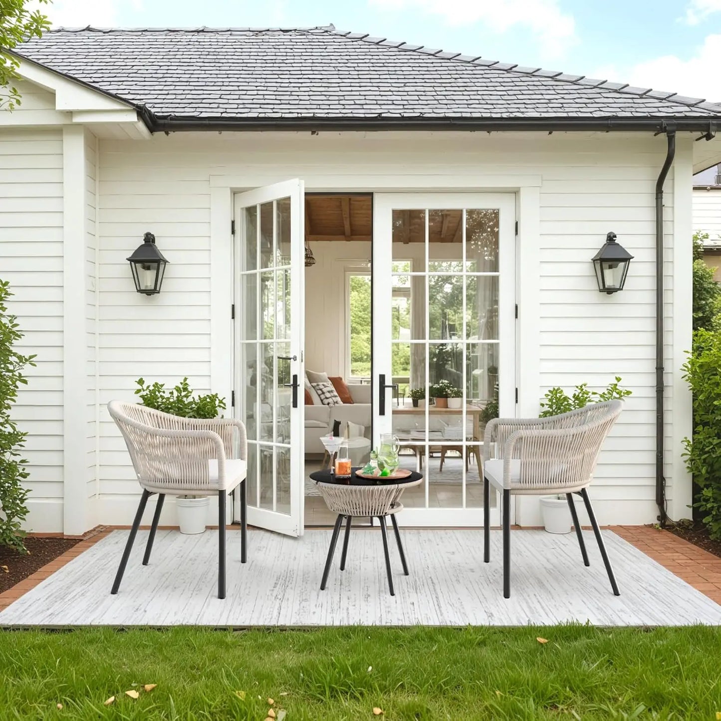 Patio Furniture Set 3 Pcs Rope Woven Bistro Set Outdoor Set, 2 Wide Chairs, Cushions & Tempered Glass Table