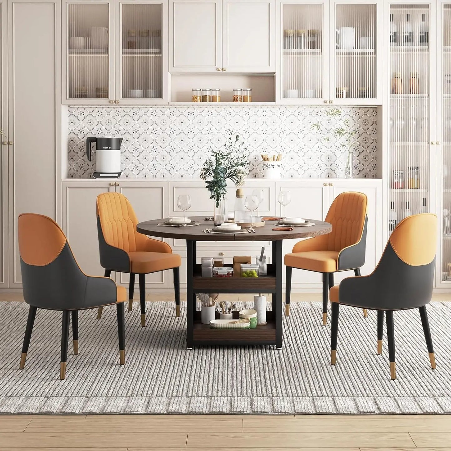 5-Piece Round Dining Table Set with Storage, with 4 PU Leather Chairs, Space Saving.